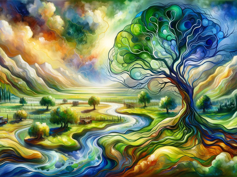 Colorful surreal watercolor of a tree with swirling branches, lush fields, winding rivers, and dramatic clouds, conveying a vibrant and mystical atmosphere. - Bromont Media