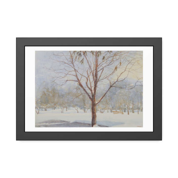 Framed painting of a winter landscape in Westmount Park, Quebec, featuring a central bare tree surrounded by snow-covered grounds. - Bromont Media