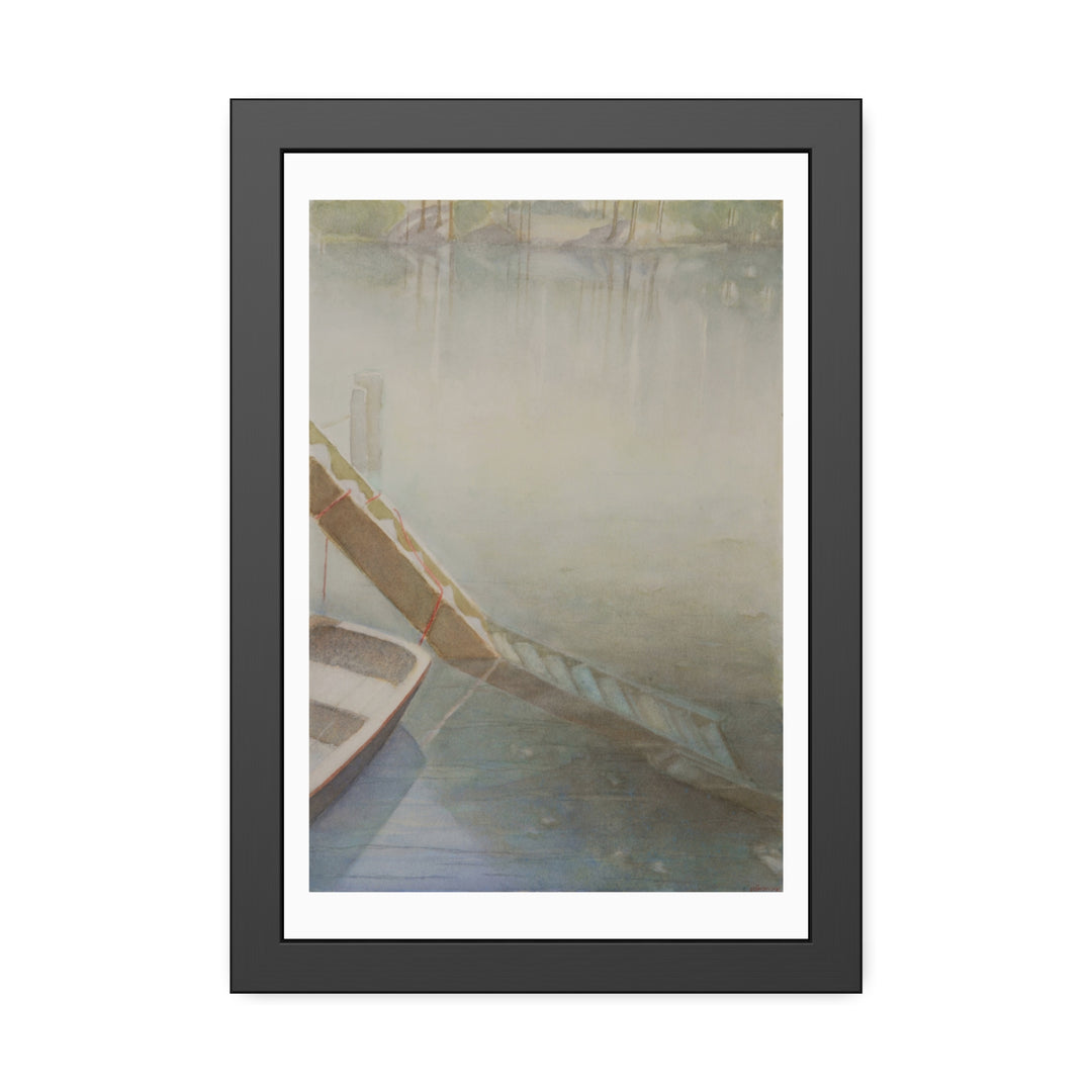 Watercolor painting by Veronique Semple featuring a tranquil lake with a boat docked in soft, misty tones, framed in a sleek black frame. - Bromont Media