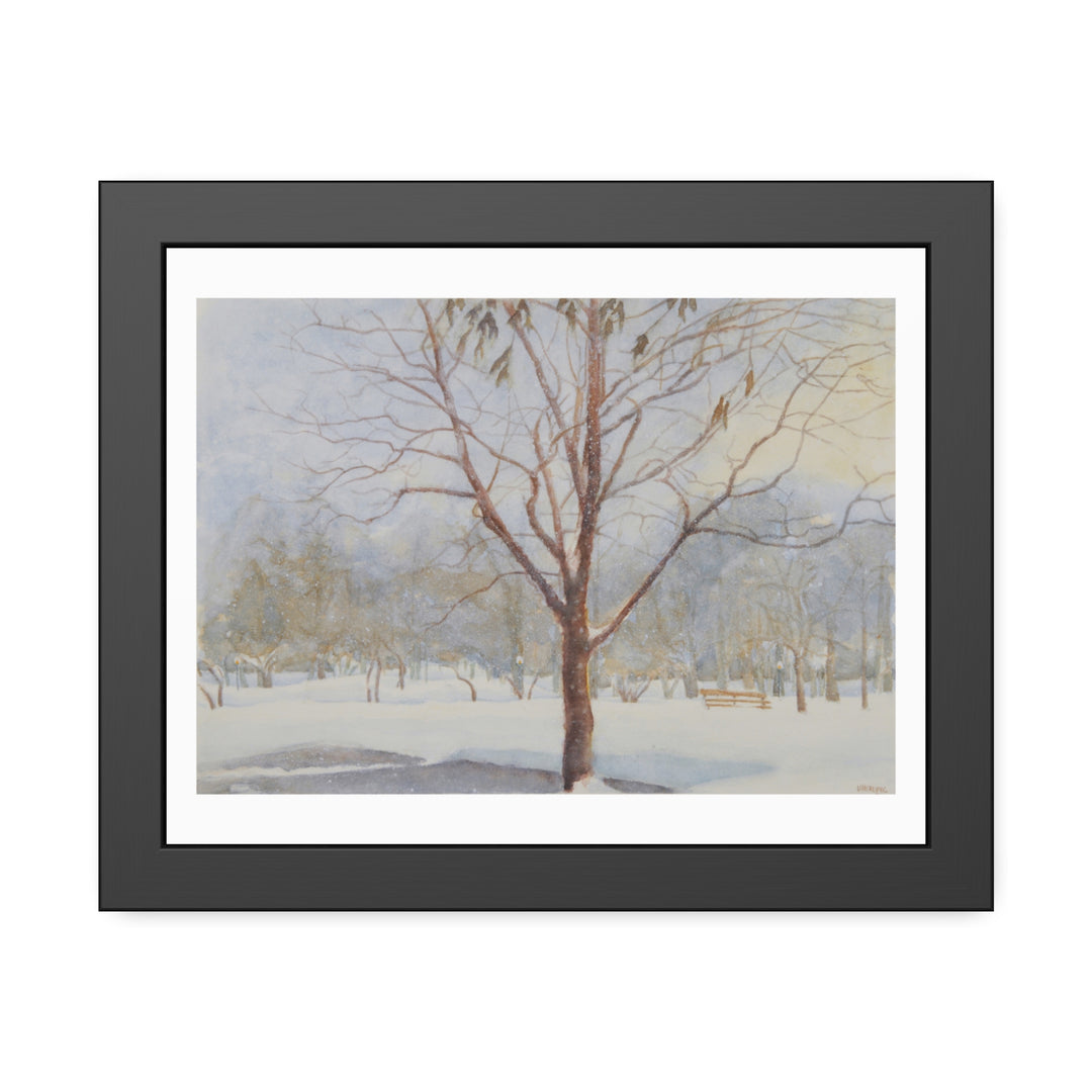 Beautiful winter landscape painting of Westmount Park in Quebec, featuring a central bare tree amidst snow-covered surroundings. - Bromont Media