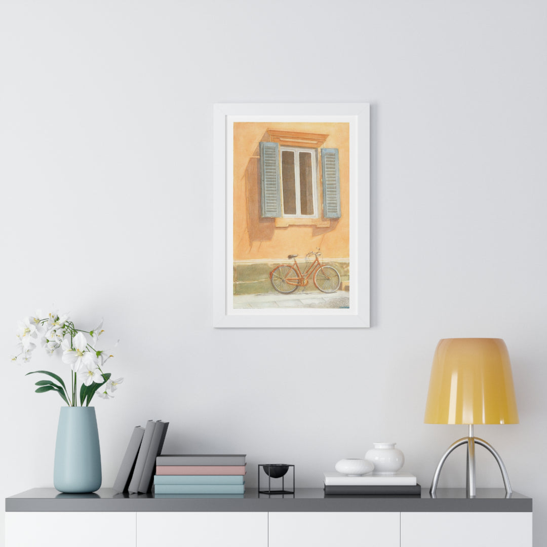 Florence Sunlit Wall with Bicycle Watercolor Print - Framed (format: rectangle)