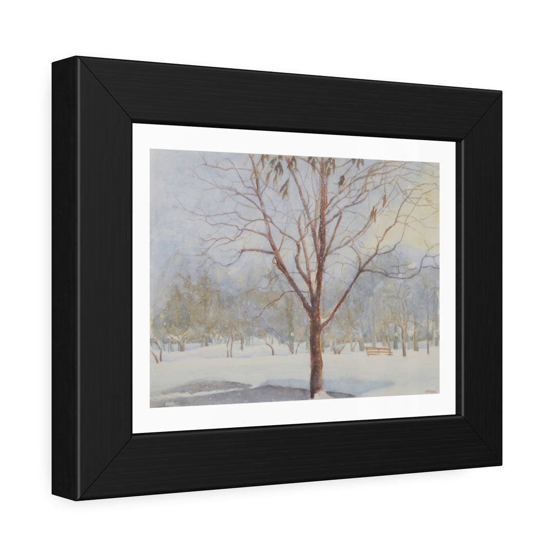 Westmount Park, Quebec: Side-angled view of framed winter painting with bare tree in snow. - Bromont Media