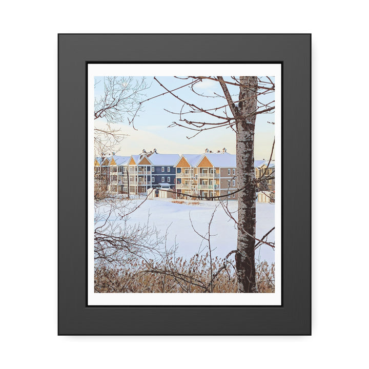 Colorful winter landscape art in a sleek, wide black gallery-style frame. - Bromont Media