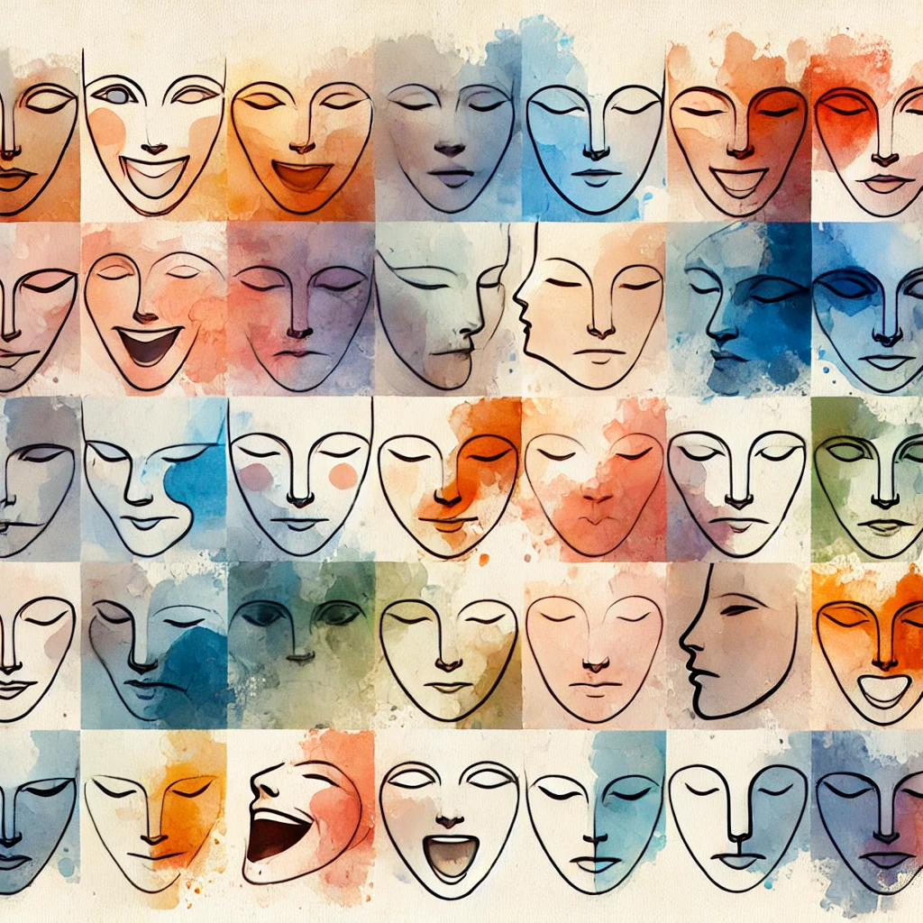 Abstract illustration featuring 40 expressive faces outlined in black over colorful watercolor backgrounds, each depicting various emotions. - Bromont Media