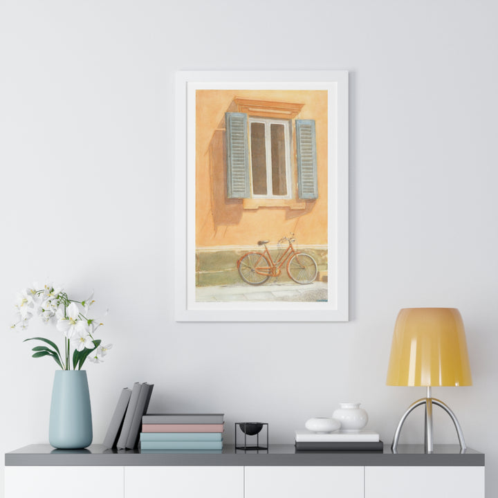 Florence Sunlit Wall with Bicycle Watercolor Print - Framed (format: rectangle)