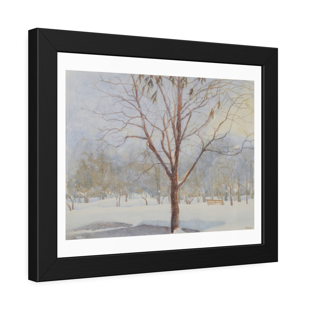 Westmount Park, Quebec: Close-up of framed winter painting with a bare tree in snow. - Bromont Media