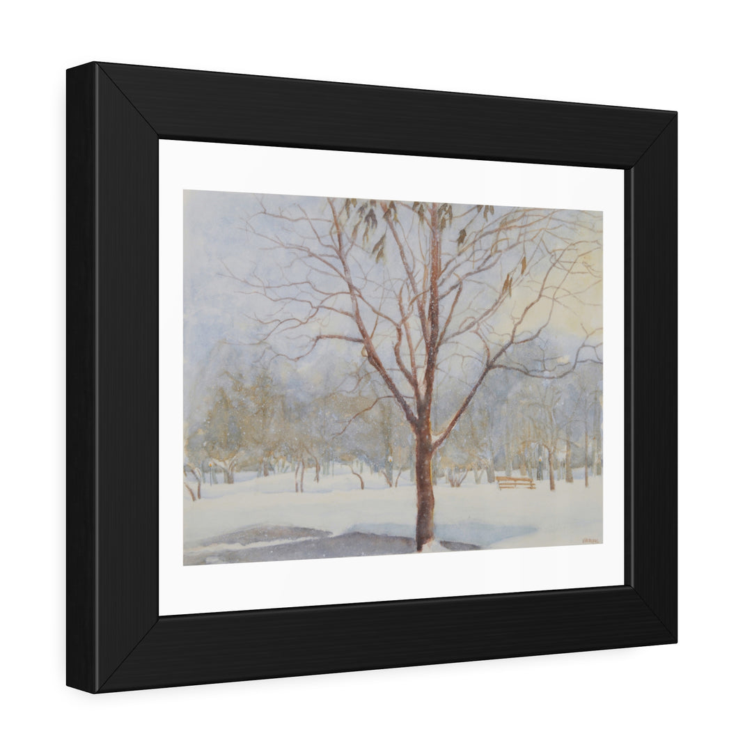 Westmount Park, Quebec: Angled view of framed winter painting with bare tree in snow. - Bromont Media