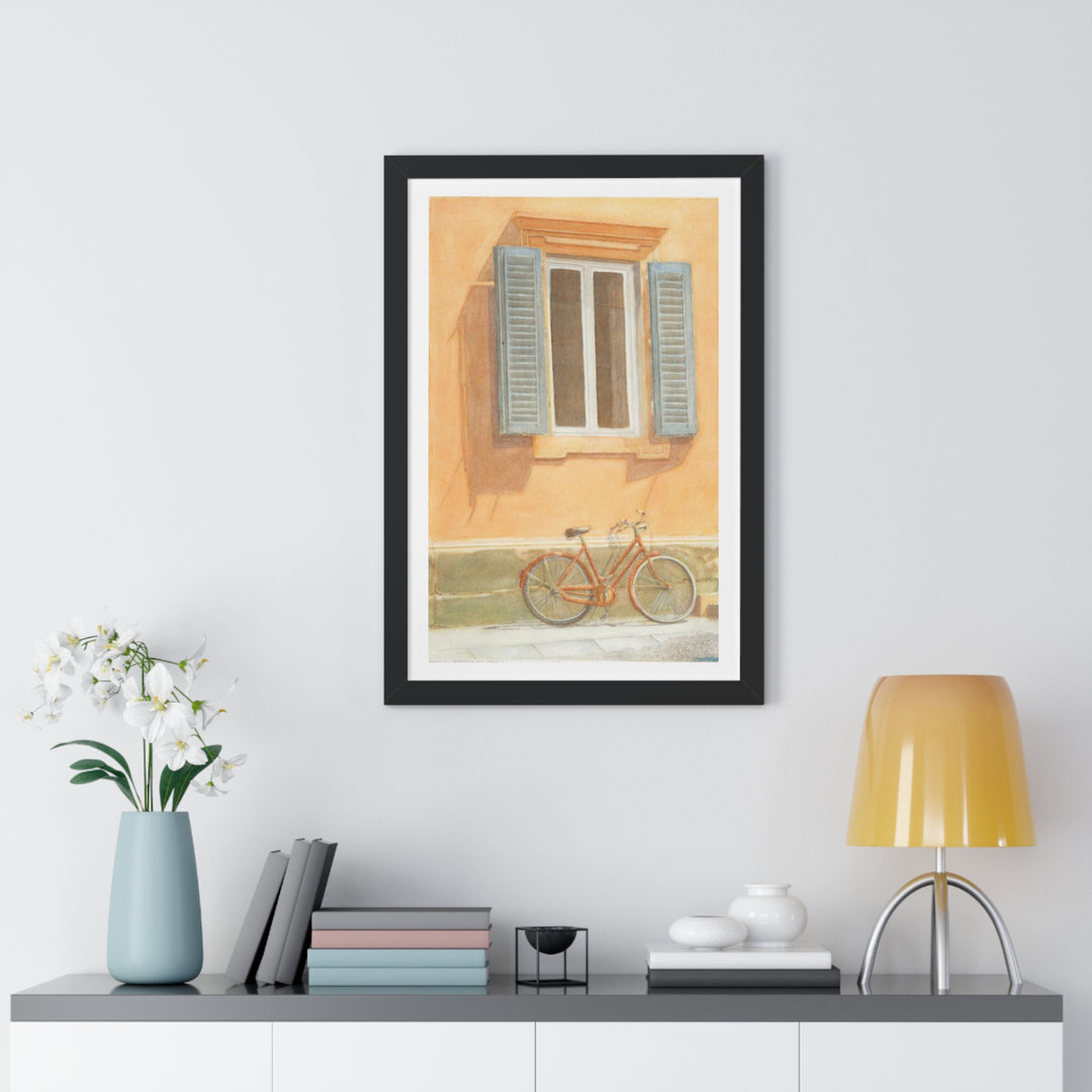 Florence Sunlit Wall with Bicycle Watercolor Print - Framed (format: rectangle)